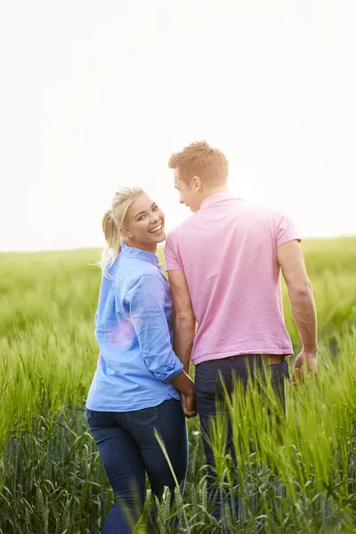 Casal romântico caminhando no campo — Fotografia de Stock