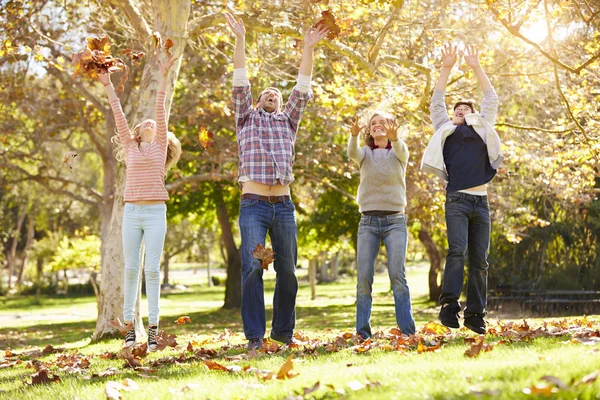 Bakifrån av familjen gå genom hösten skogsmark — Stockfoto