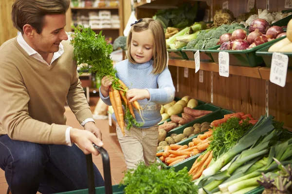 Отец и дочь выбирают свежие овощи в фермерском магазине — стоковое фото