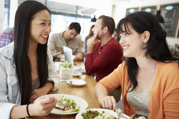 Twee vrouwelijke vrienden vrienden ontmoeten voor de lunch in koffie winkel — Stockfoto