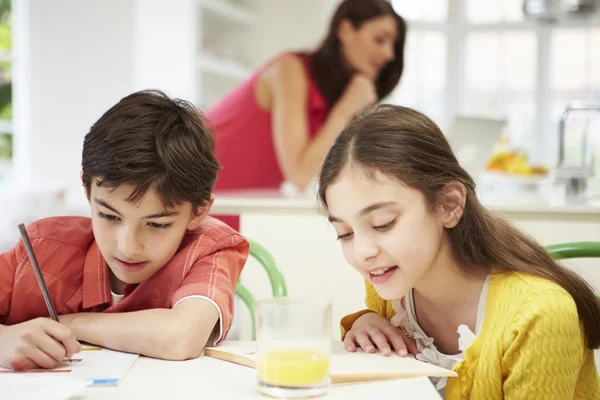 I bambini che fanno i compiti come madre utilizza il computer portatile in background — Foto Stock