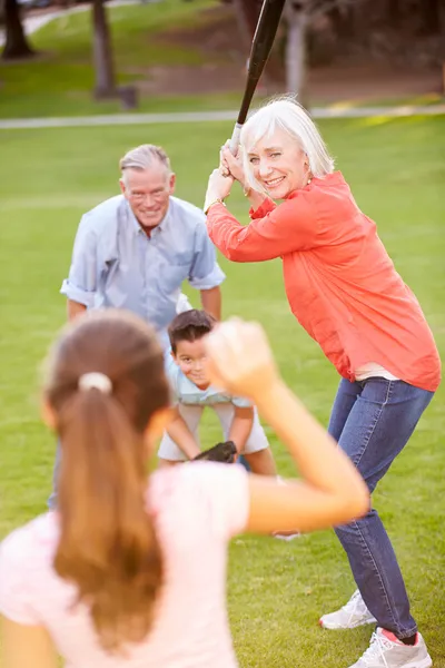 Бабушка и дедушка играют в бейсбол с внуками — стоковое фото