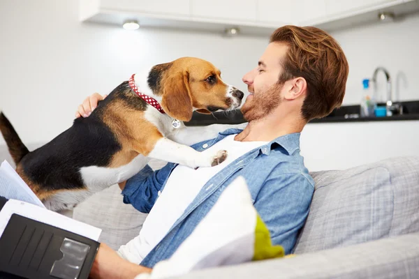 Homem brincando com cão em casa — Fotografia de Stock