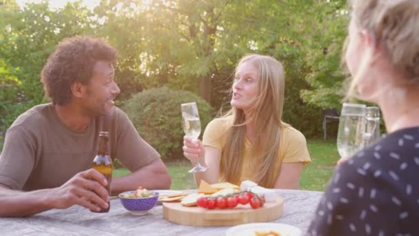 お菓子と一緒に庭のテーブルに座ってビールとシャンパンを祝う友人のグループ — ストック動画