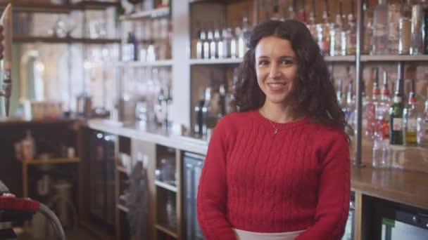 Tezgahın Arkasında Duran Gülümseyen Kadın Bar Şçisinin Portresi — Stok video
