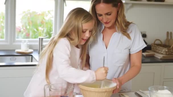 母亲和女儿穿着睡衣 在家里的厨房里一起烘烤时 混合着各种配料 — 图库视频影像