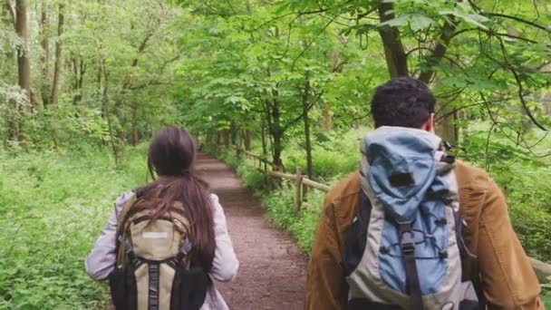 Shoulder View Young Couple Hiking Path Trees Countryside Shot Slow — Stock Video