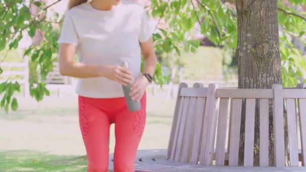 Vrouw Dragen Fitness Kleding Zitten Stoel Onder Boom Controleren Activiteit — Stockvideo