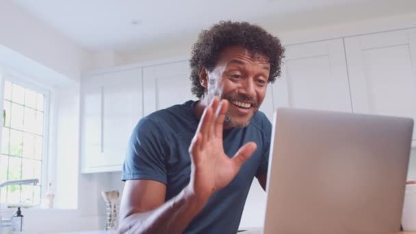 Mature Man Home Kitchen Waving Makes Video Call Laptop Computer — Stock Video