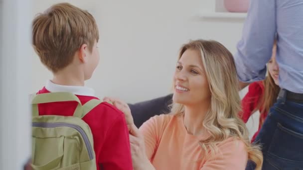 Parents Helping Children Uniform Get Ready Leave Home School — Stock Video