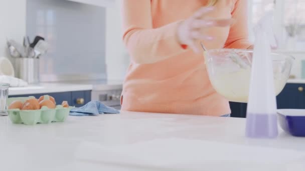 Woman Cleaning Kitchen Counter Spray Cloth Cake Baking — Stock Video