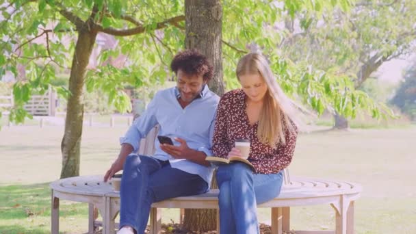 成熟したカップル読書本の下で公園のベンチに座ってリラックスし 携帯電話をチェック — ストック動画