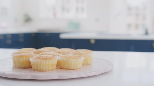 Close Boy Reaching Take Freshly Baked Homemade Cupcake Plate Kitchen — Stok Video