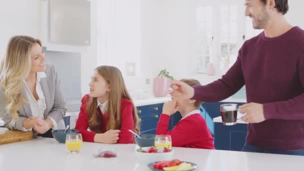 Parents Helping Children School Uniform Get Ready Eat Breakfast Kitchen — Stock Video