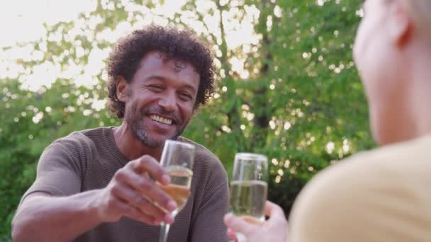 Bahçedeki Masada Oturmuş Şampanyayla Kutlama Yapan Olgun Bir Çiftin Omzunun — Stok video