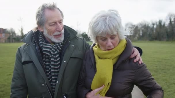 Pareja Mayor Mirando Teléfono Móvil Otoño Invierno Caminar Juntos Por — Vídeo de stock