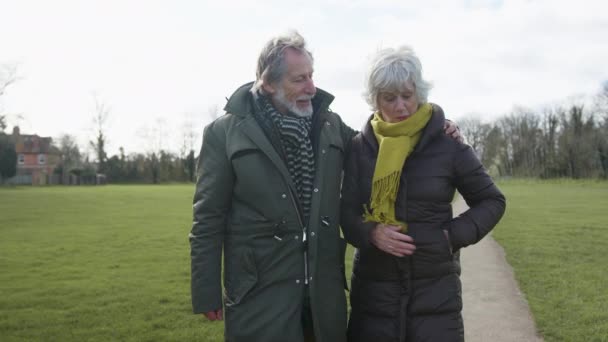 Couple Âgé Regardant Téléphone Mobile Automne Hiver Promenade Travers Parc — Video