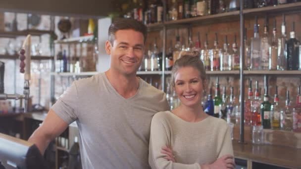 Portrait Smiling Couple Owning Bar Standing Counter — Stok Video