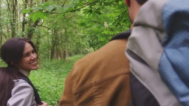 Shoulder View Young Couple Hiking Path Trees Countryside Shot Slow — Stock Video