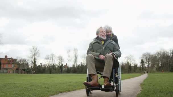 Senior Woman Pushing Senior Man Wheelchair Outdoors Fall Winter Park — Stock Video