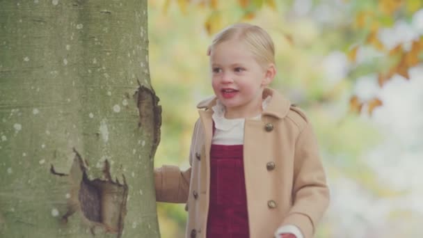 Jong Meisje Zoek Rond Trunk Autumn Tree Spelen Verbergen Zoeken — Stockvideo