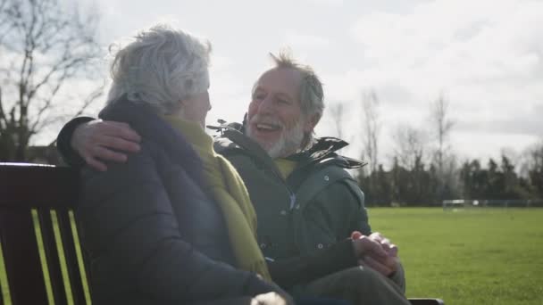 Loving Senior Couple Sitting Seat Enjoying Autumn Winter Walk Park — Stock Video