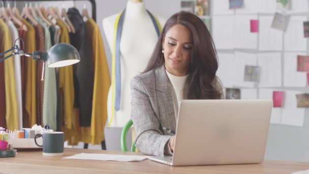 Female Fashion Designer Studio Working Laptop Computer Drinking Coffee — Stock Video