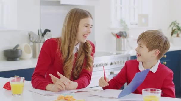 Porträtt Skrattande Bror Och Syster Bär Skolan Uniform Gör Läxor — Stockvideo