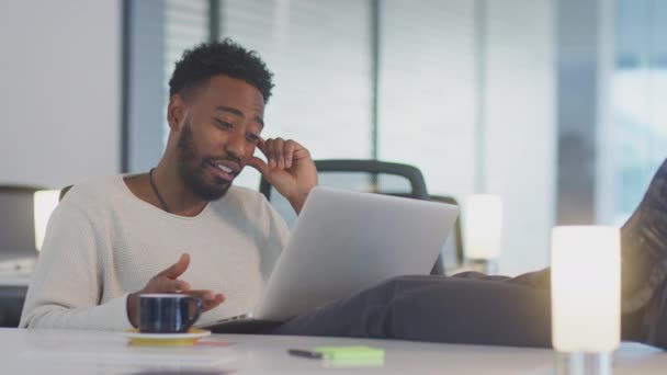 Young Businessman Working Late Having Late Video Chat Laptop Open — Stock video