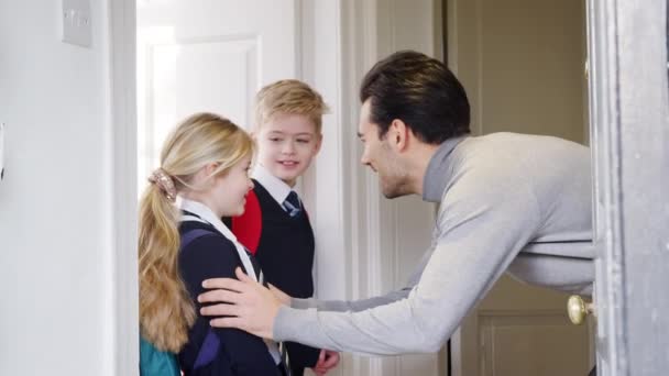Father Checking Uniforms Straightening Ties Son Daughter Leave Home School — Stockvideo