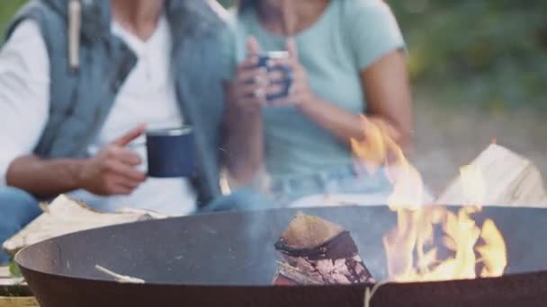 Nahaufnahme Vom Lagerfeuer Der Feuerschale Als Romantisches Paar Auf Dem — Stockvideo