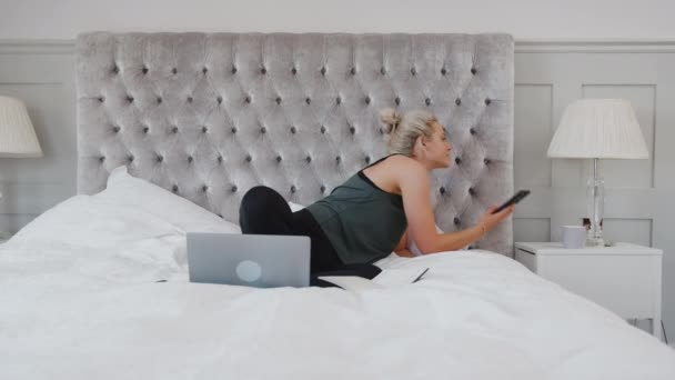 Businesswoman Working Home Health Pandemic Sitting Bed Using Laptop Whilst — Stock Video