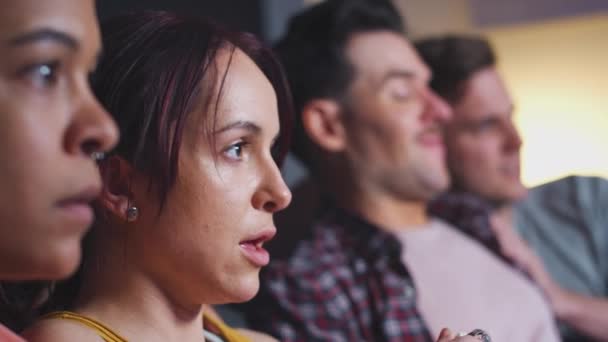 Group Gay Friends Sitting Sofa Home Eating Popcorn Watching Evening — Stock Video