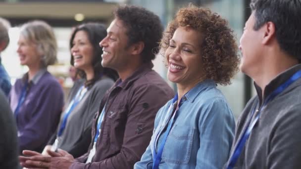 Group Casually Dressed Businessmen Businesswomen Laughing Applauding Presentation Conference Shot — Stock Video