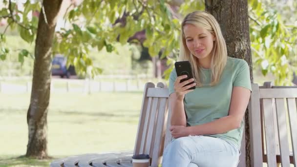 夏には携帯電話を使用してインターネットやソーシャルメディアを閲覧するために木の下の公園のベンチに座ってリラックスした女性 スローモーションで撮影 — ストック動画