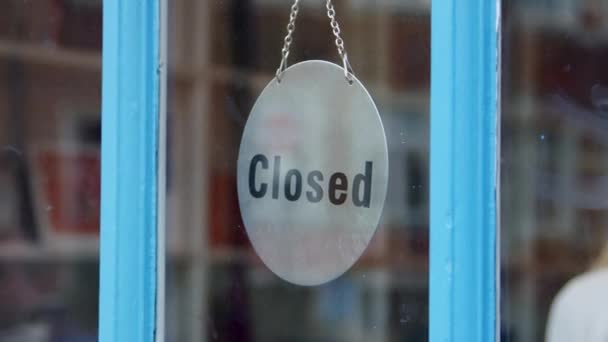 Woman Running Small Business Turning Open Sign Shop Door Shot — Stock Video