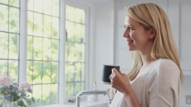 Mulher Grávida Sorrindo Pela Janela Cozinha Tocando Estômago Relaxante Com — Vídeo de Stock