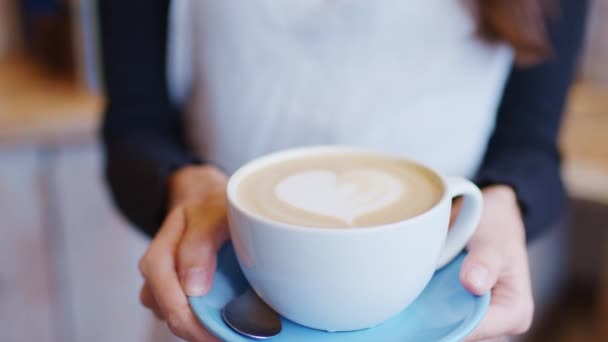 Close Waitress Coffee Shop Holding Cup Heart Design Poured Milk — Stock Video