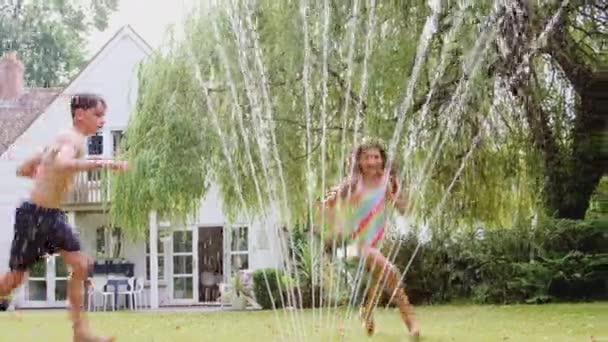 Garçon Fille Costume Natation Sautant Dans Eau Arroseur Jardin Dans — Video