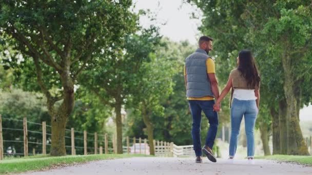 Tiro Traseiro Comprimento Total Casal Amoroso Mãos Dadas Enquanto Caminham — Vídeo de Stock