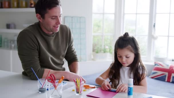 Daughter Home Father Having Fun Making Craft Together Shot Slow — Stockvideo