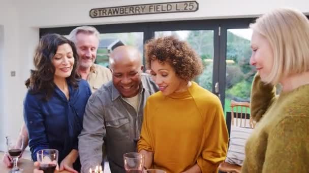 Grupo Amigos Maduros Que Reúnem Casa Para Celebrar Aniversário Mulher — Vídeo de Stock