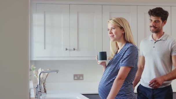 Couple Kitchen Man Hugging Pregnant Woman She Drinks Cup Coffee — Stock Video