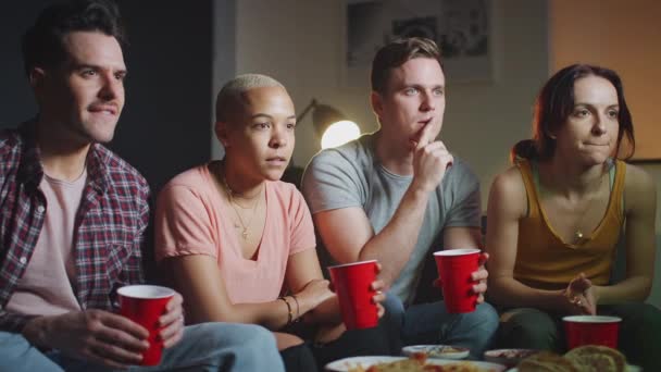 Excited Group Friends Sitting Sofa Home Watching Sports Celebrating Together — Stock Video