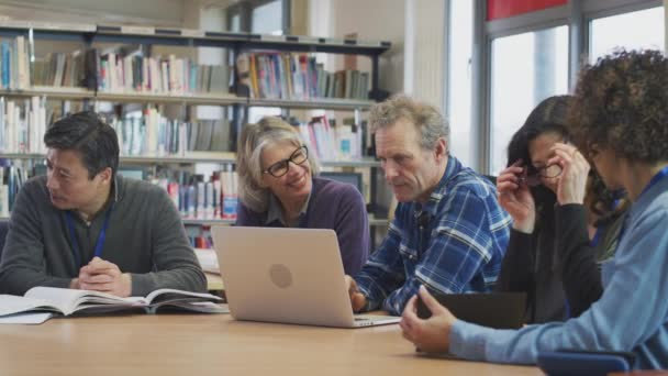 Kobieta Nauczyciel Pomaga Grupie Dorosłych Wielokulturowych Studentów Studiujących Pracujących Laptopie — Wideo stockowe
