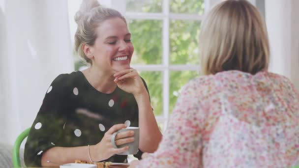 Kvindelige Venner Cafeen Møde Socialt Distanceret Måde Set Gennem Vinduet – Stock-video