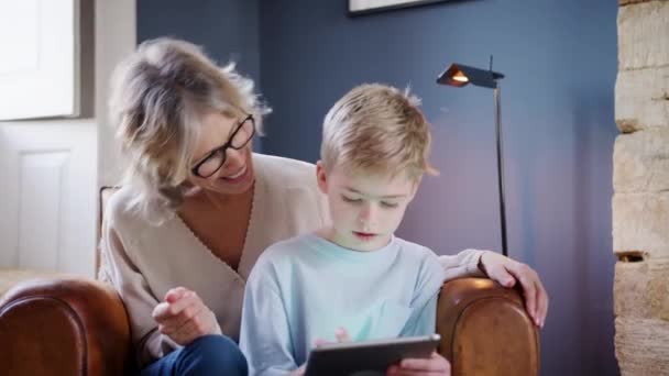 Nagymama Unokája Otthon Karosszékben Digitális Táblagéppel Együtt — Stock videók