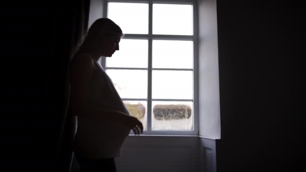 妊娠中の女性のシルエットがフレームに入って 窓のそばに立っています美しいタッチバンプ スローモーションで撮影 — ストック動画