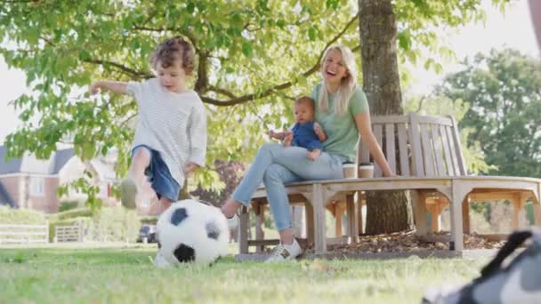 有女婴在公园踢足球和坐在树下玩乐的家庭 动作缓慢 — 图库视频影像