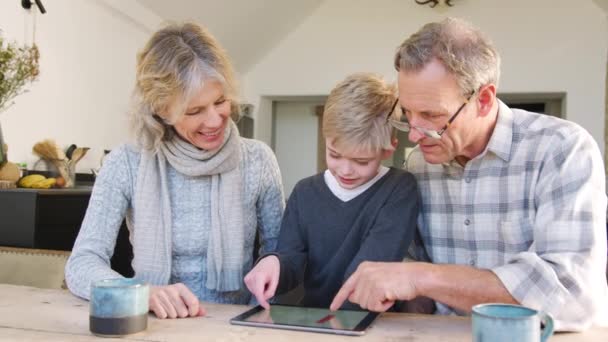 Petit Fils Avec Des Grands Parents Jouant Sur Une Tablette — Video